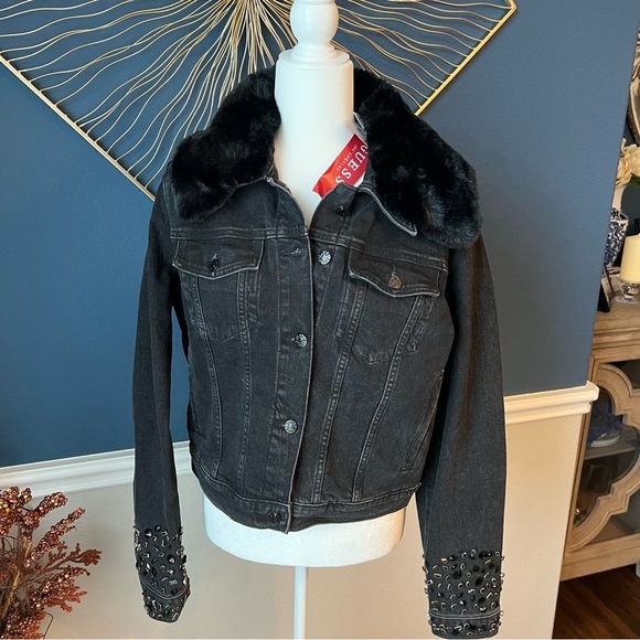 NWT Guess Dora Black Denim Jacket with Fur and Embellishments - Picture 1 of 8